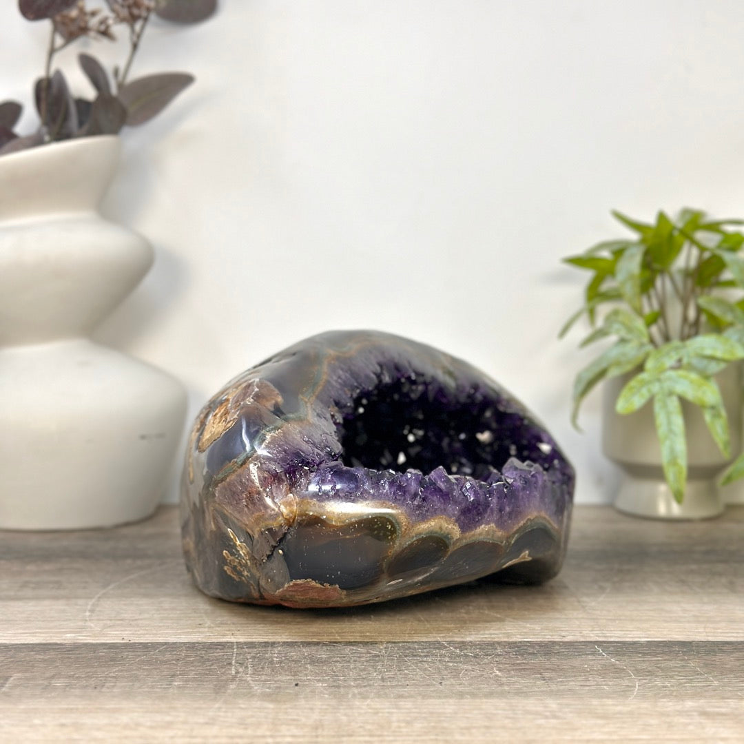 Natural Deep Purple Amethyst Geode with Agate Shell - STGE0102