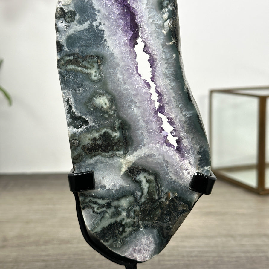 Natural Agate &amp; Amethyst Stone Slice Portal on Stand - MWS3009