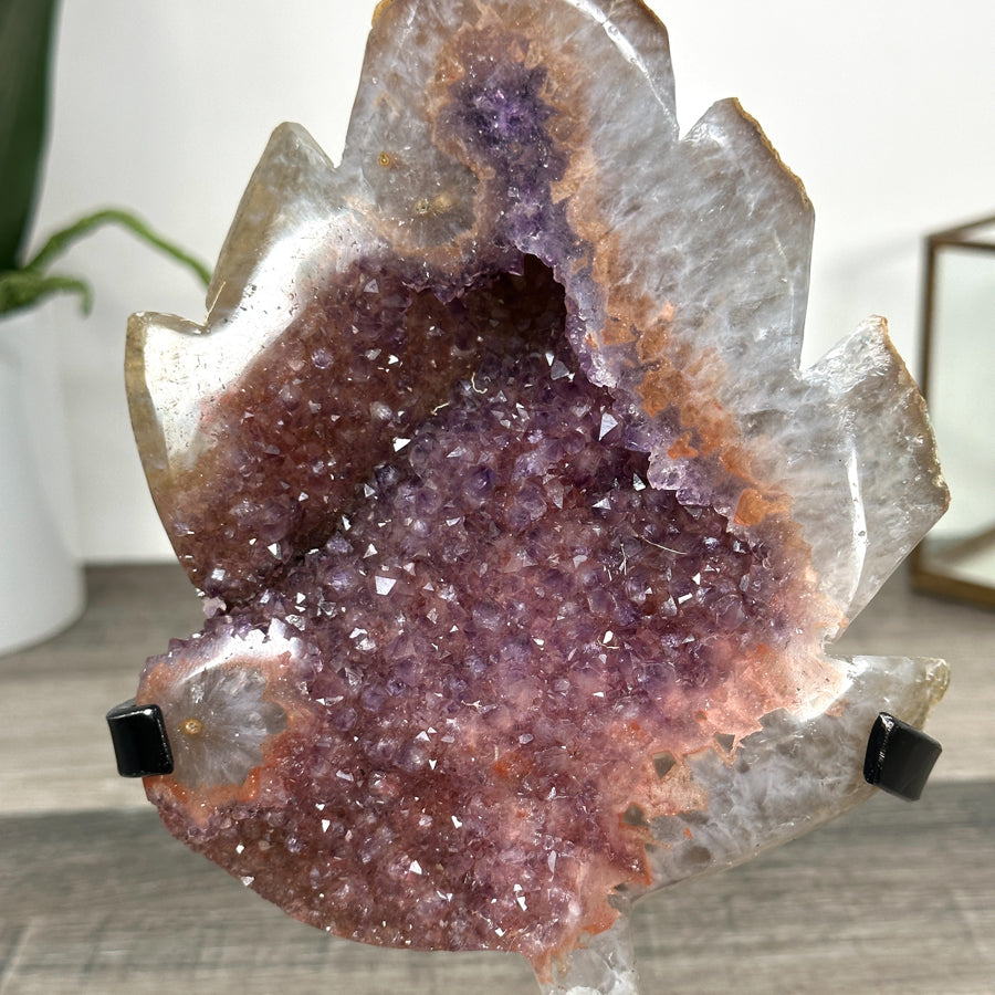 Pink Amethyst Stone Leaf Carving - Metal Stand Included - MWS2805