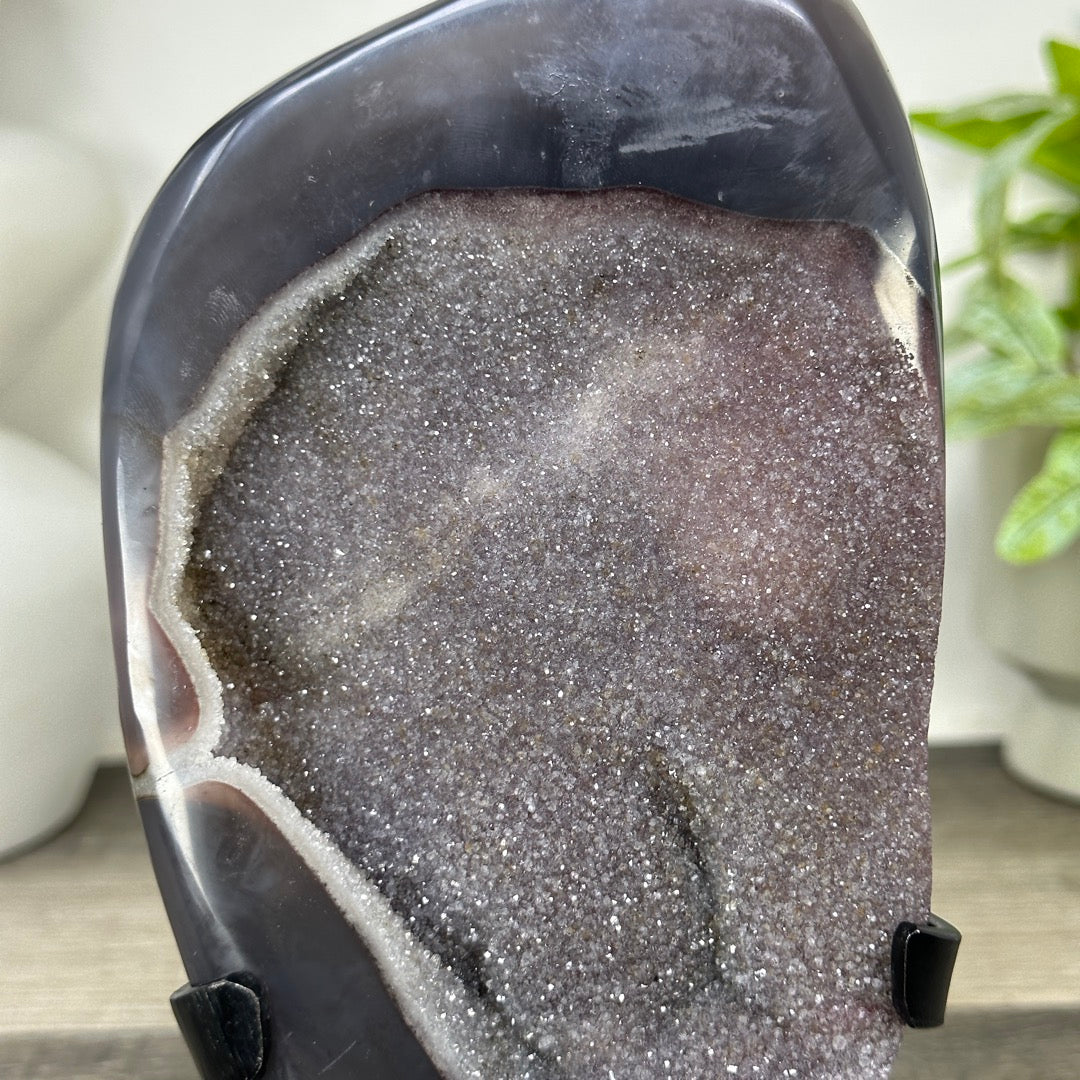 Blue Agate Geode with Druzy Crystals - Metal Stand included - MWS3347