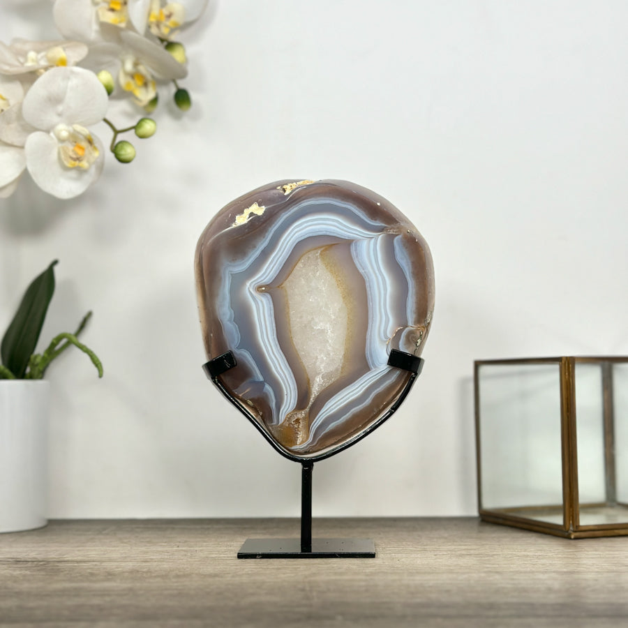 Blue Banded Agate &amp; Quartz Stone Slice on Metal Stand - MWS3012