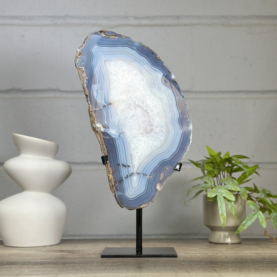 XXL Natural Blue Banded Agate &amp; Quartz Stone Slice on Stand - MWS3042