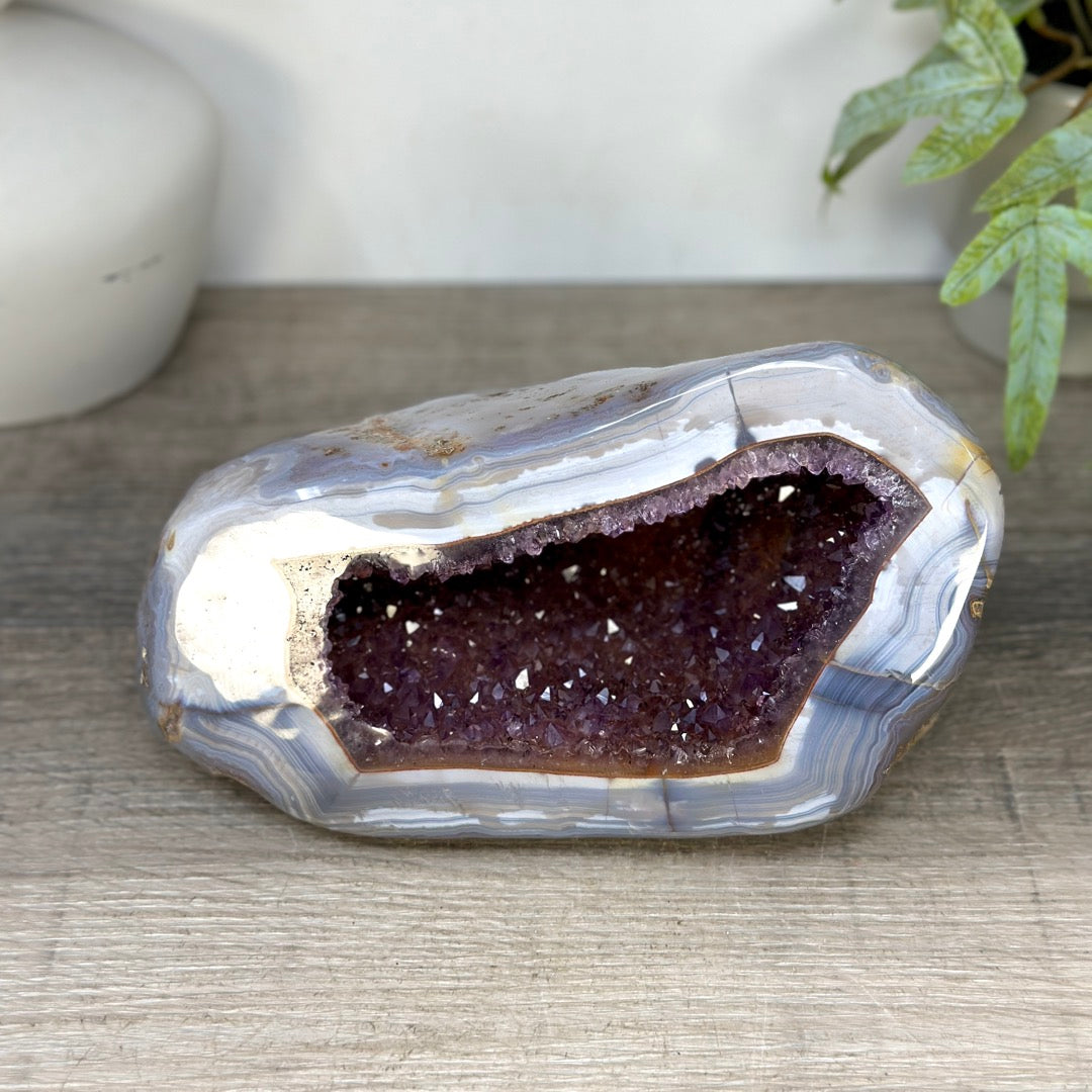 Large Blue Banded Agate &amp; Amethyst Stone Geode - STGE0114