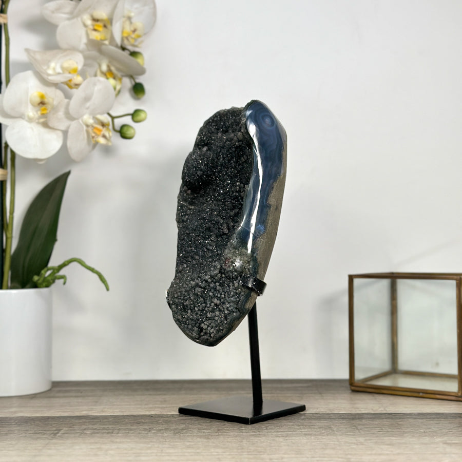 Unique Agate Geode with Dark Druzy Crystals – Natural Stone Display Piece