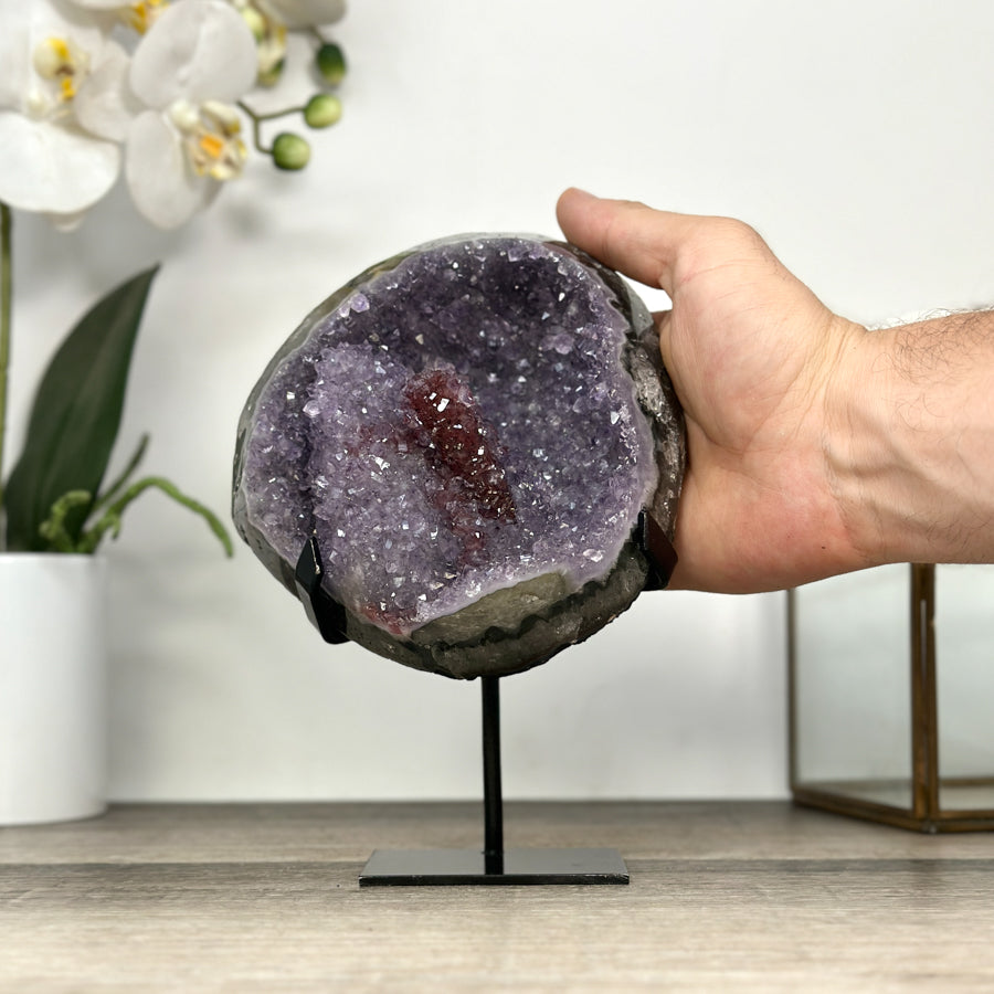 Amethyst Geode on Stand with Red Hematite &amp; Calcite Formation