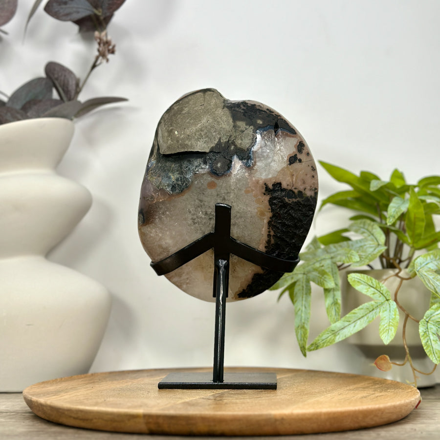 Natural Sugar Quartz Geode Mineral Specimen on Metal Stand - MWS3110