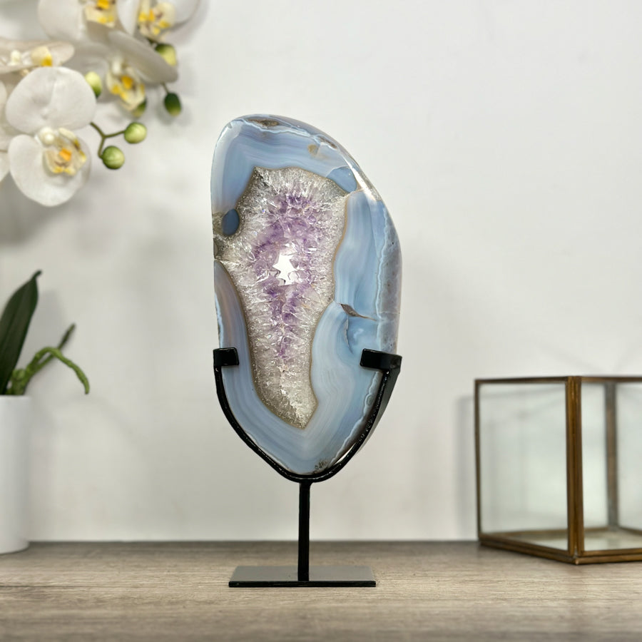 Natural Blue Banded Agate &amp; Amethyst Stone Slice on Stand - MWS3016