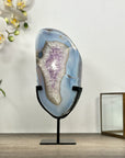 Natural Blue Banded Agate & Amethyst Stone Slice on Stand - MWS3016