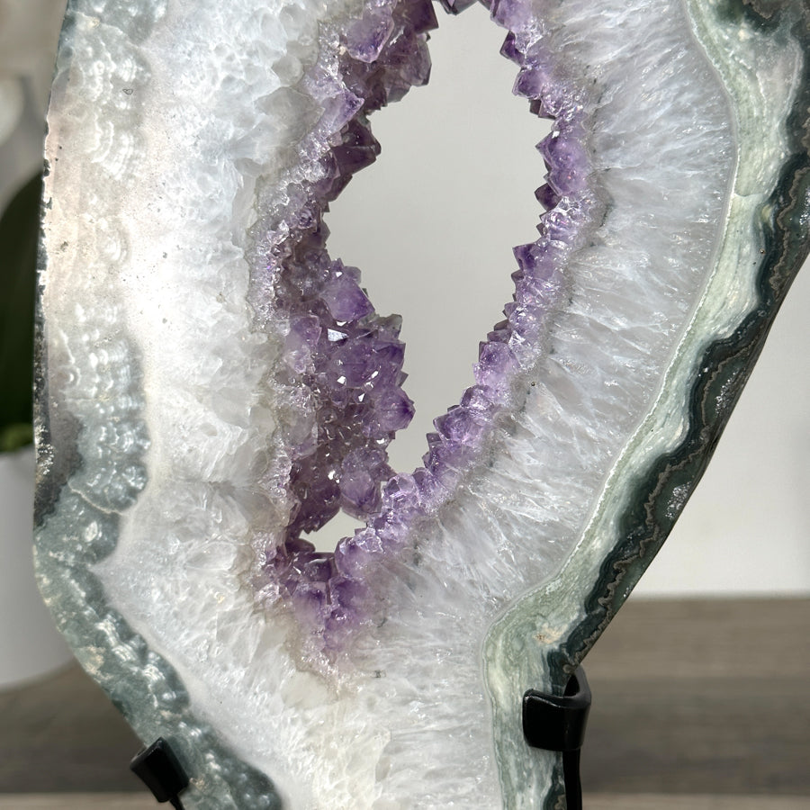 Amethyst &amp; Green Jasper Geode Slice With Metal Stand - MWS2743