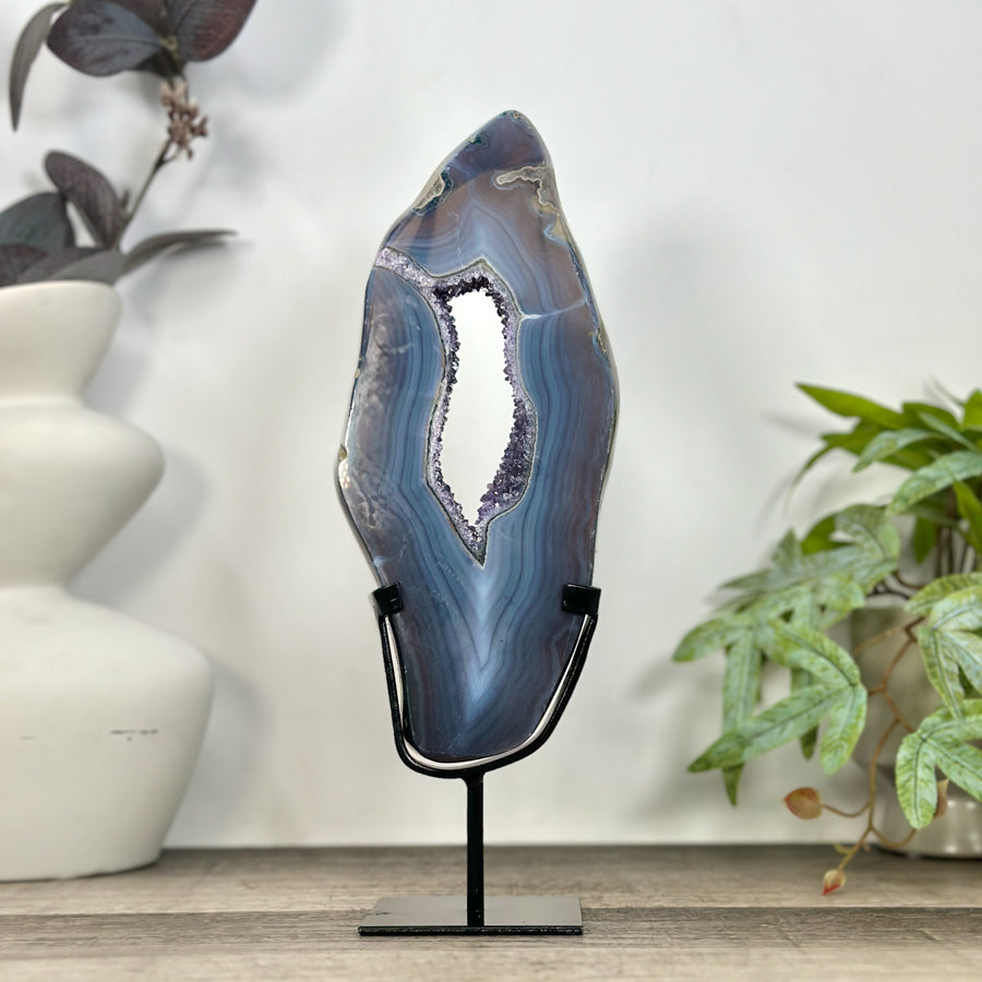 Blue Banded Agate &amp; Amethyst Geode Slice Portal - MWS3247