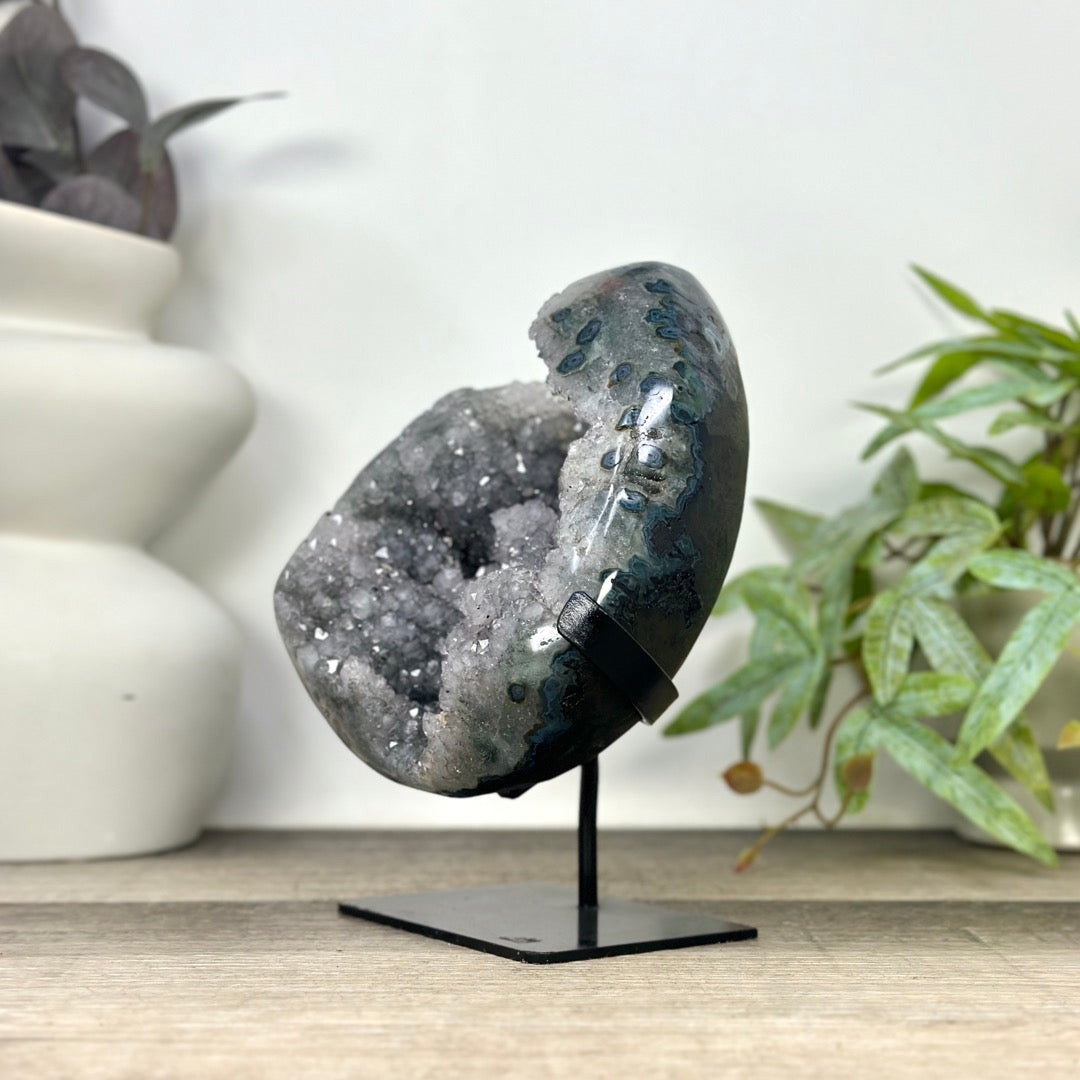 Grey Quartz Geode from Uruguay - Stand included - MWS3293