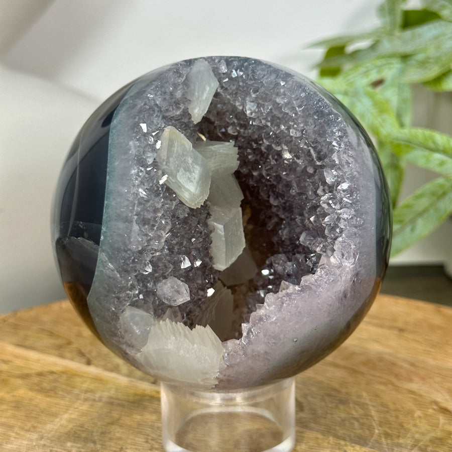 Quartz &amp; Agate Sphere Geode with Calcite Crystal Formation - SPH0149