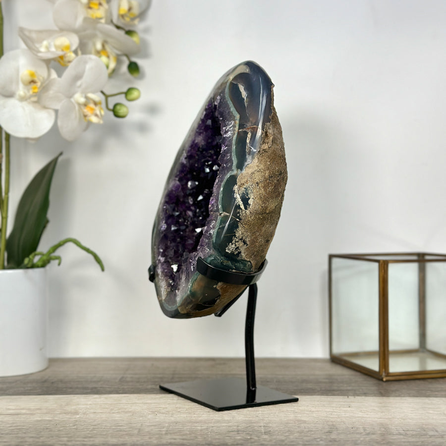 Deep Purple Amethyst Geode With Metal Stand – Elegant Crystal Display - MWS2700
