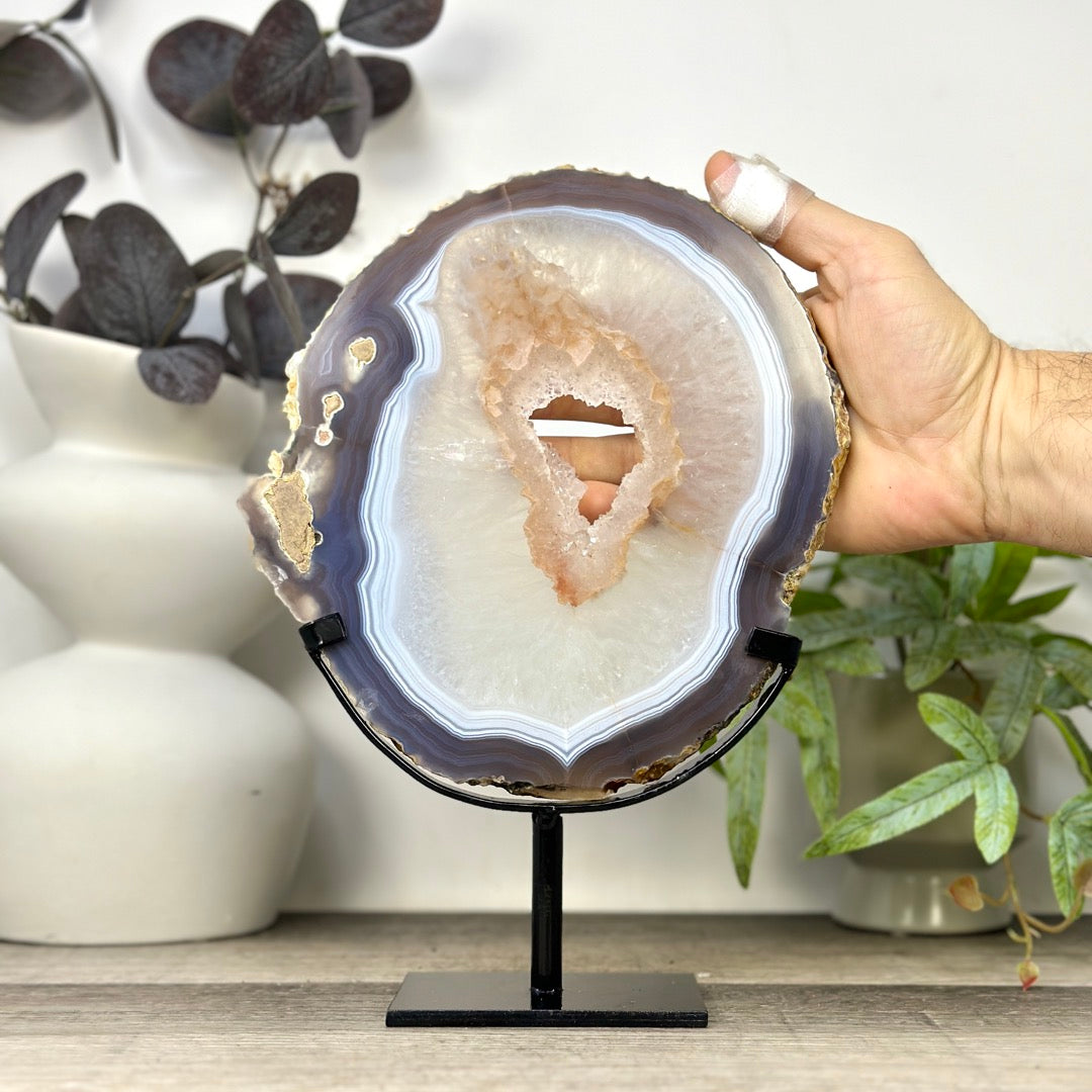 Blue Banded Agate &amp; Quartz Slice Portal on Metal Stand - MWS3290