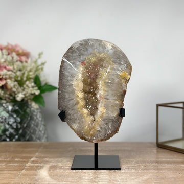 One-of-a-Kind Yellow Quartz Geode, Metallic Stand Included: A Distinctive Crystal - MWS0867