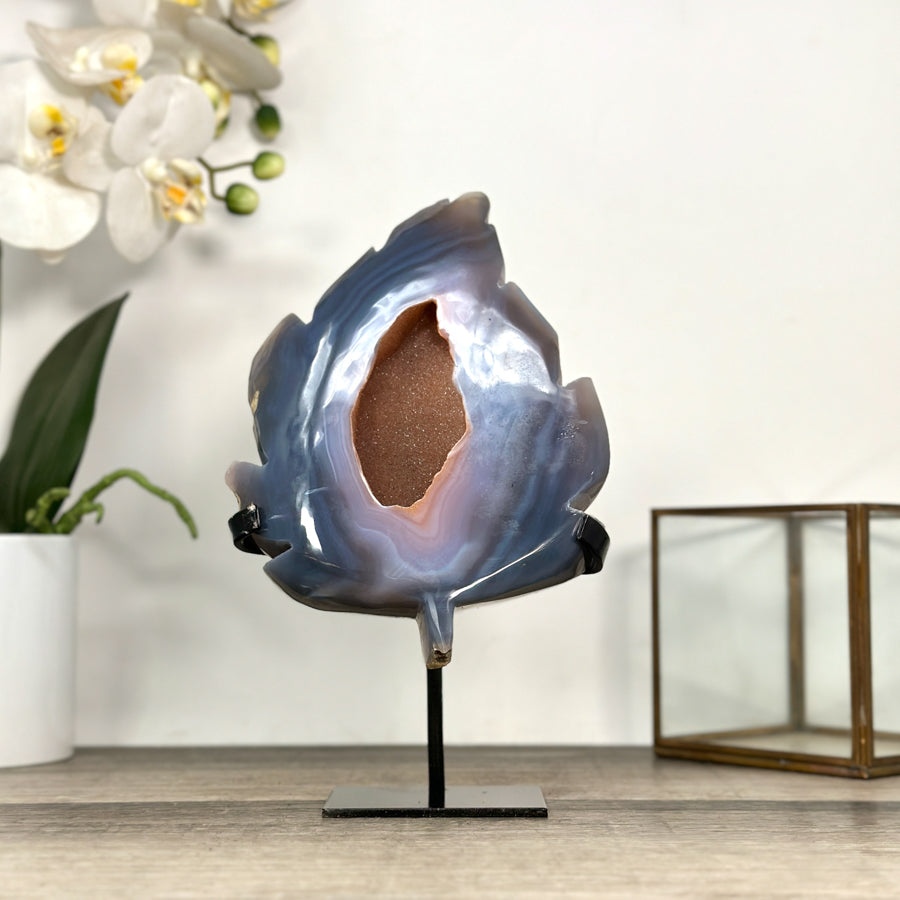 Natural Blue Banded Agate Geode Stone Leaf Carving with Orange Druzy Interior - MWS2807