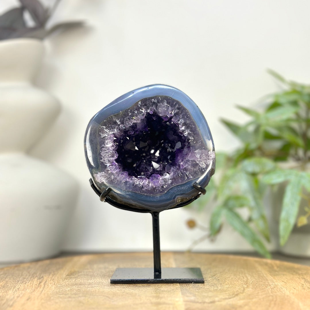 Uruguayan Amethyst Geode with Blue Banded Shell - Stand Included - MWS3260
