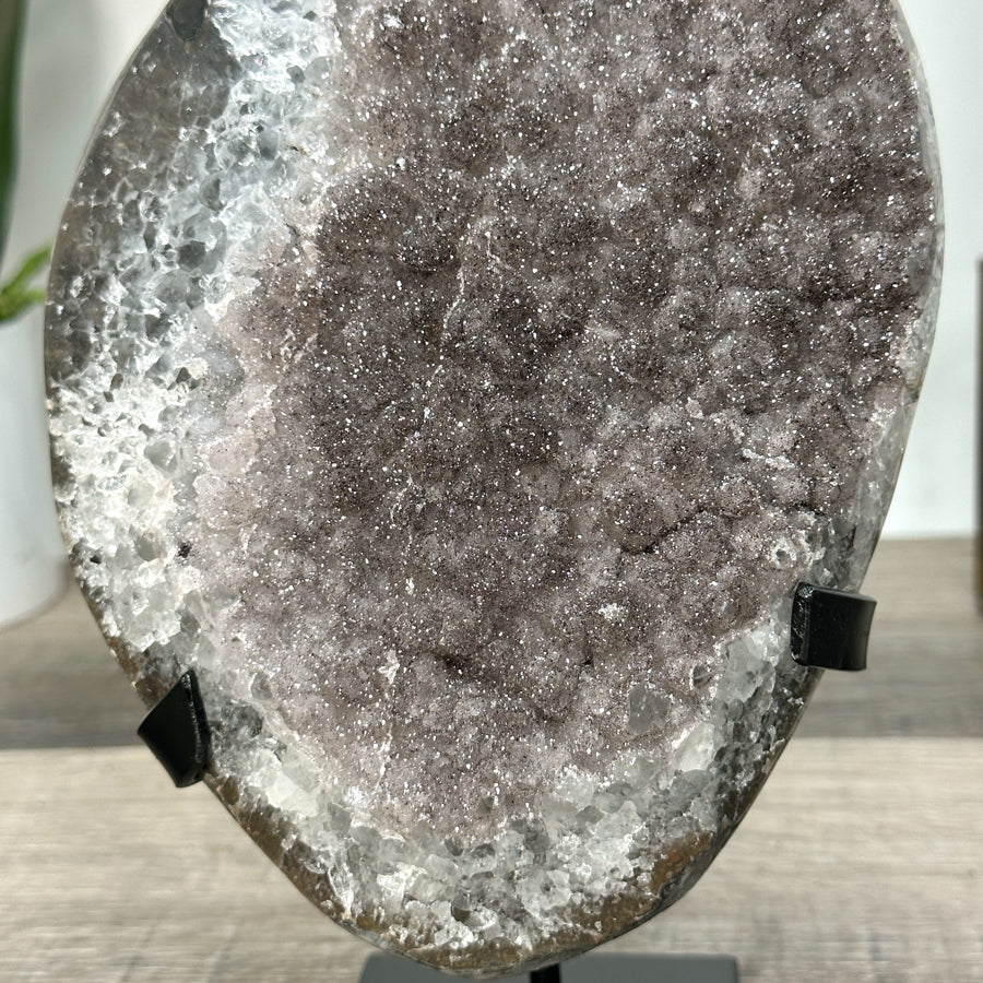 Smoky Sugar Quartz Geode on Metal Stand – Unique Crystal for Office Decor - MWS2740