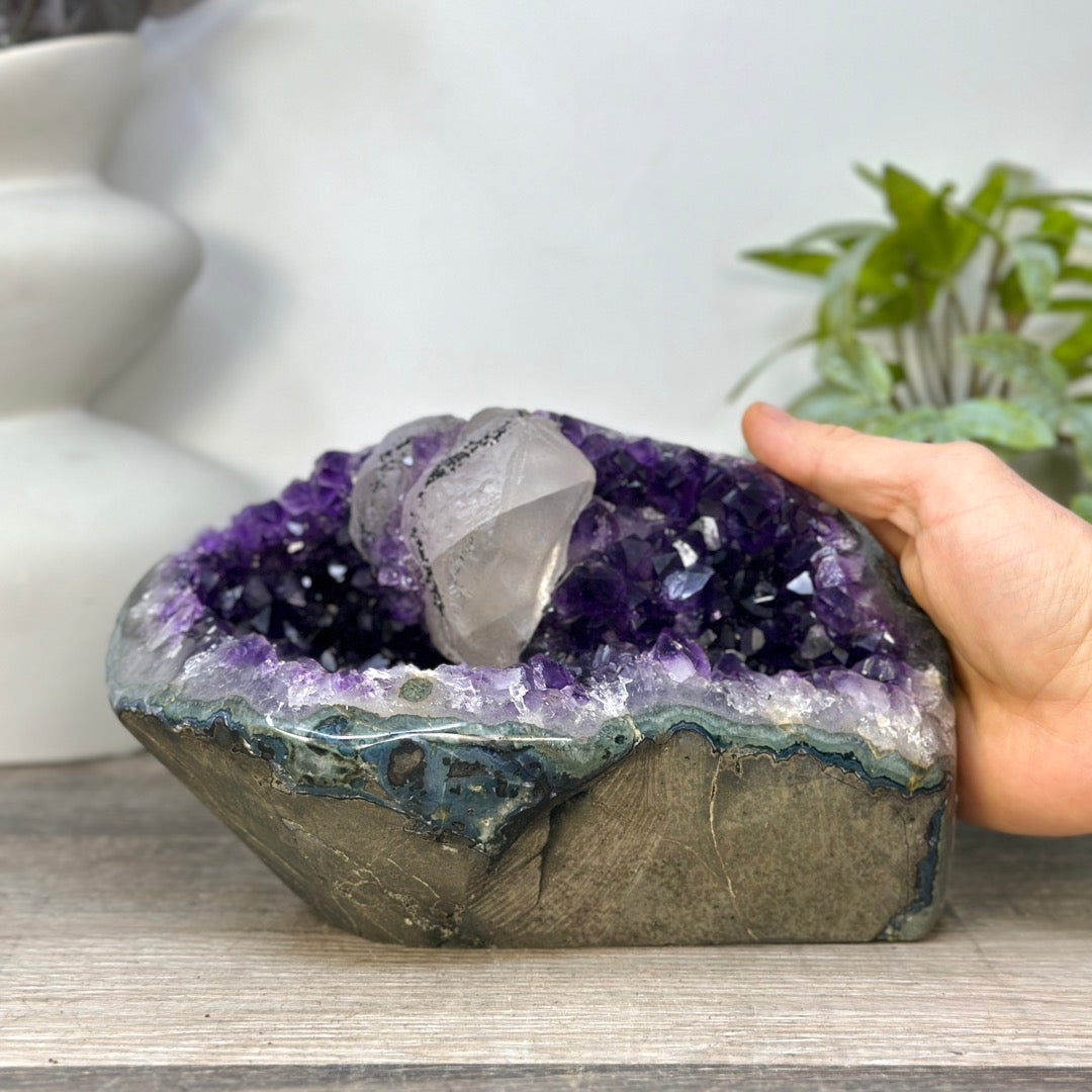 Deep Purple Amethyst Geode with Calcite Crystal - STGE0096