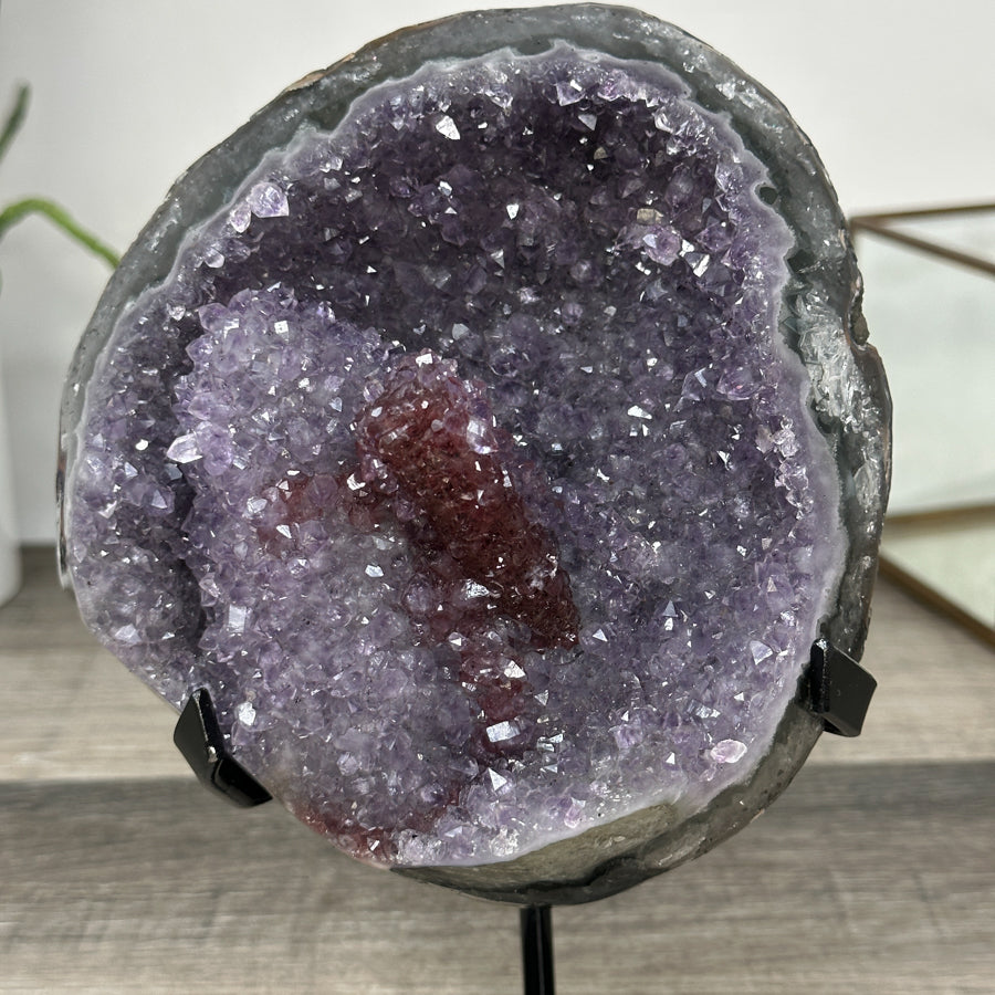 Amethyst Geode on Stand with Red Hematite &amp; Calcite Formation