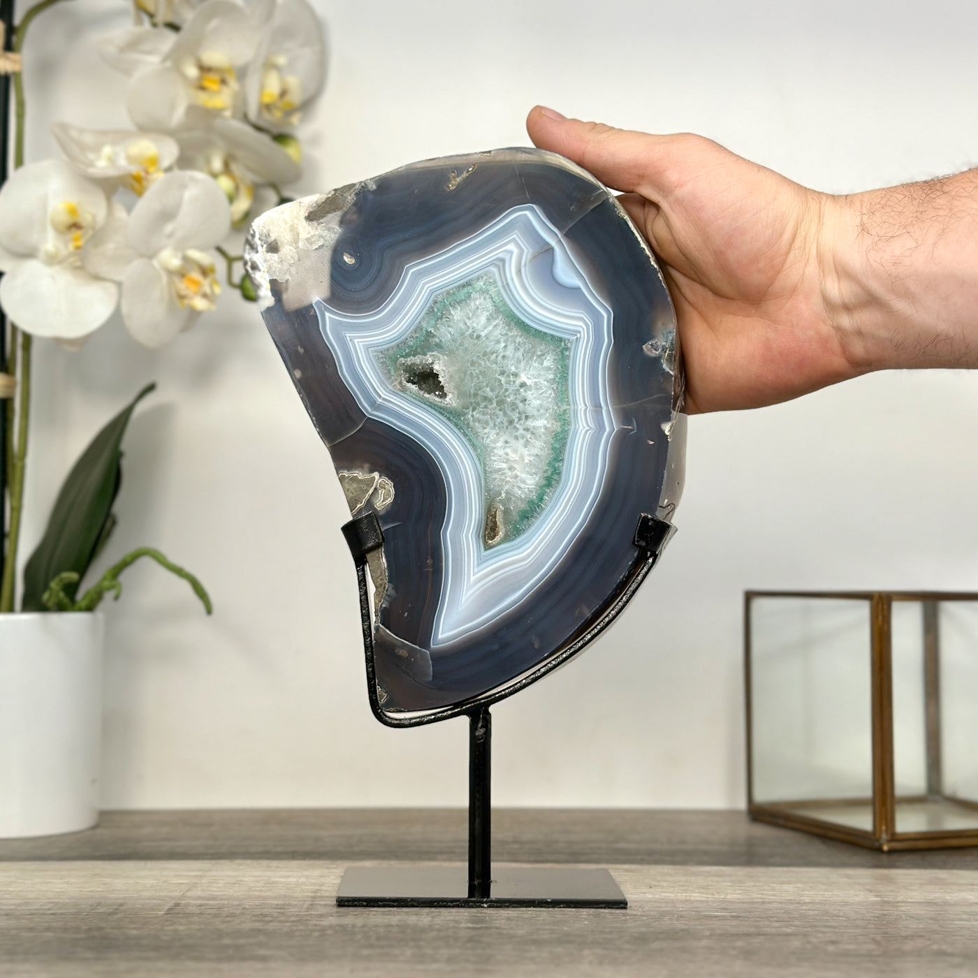 Agate Slice with Blue Bands and Crystalline Center for Home Decor Display - MWS2660
