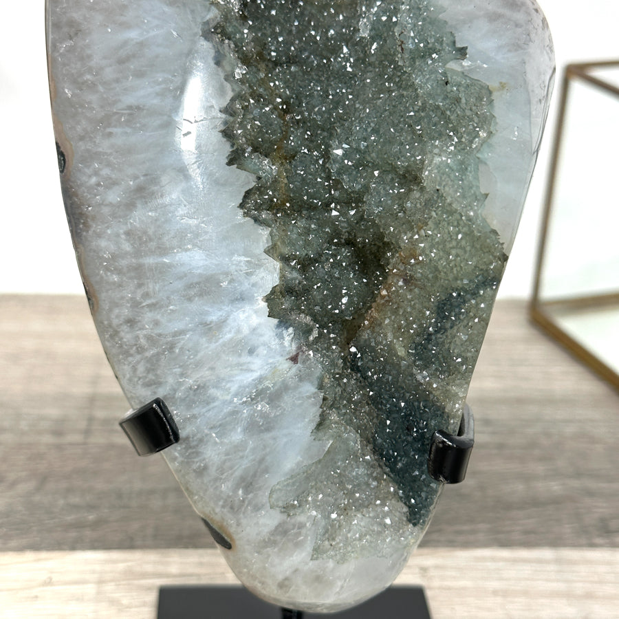 Polished Green Sugar Quartz Specimen on Black Metal Stand - MWS2726