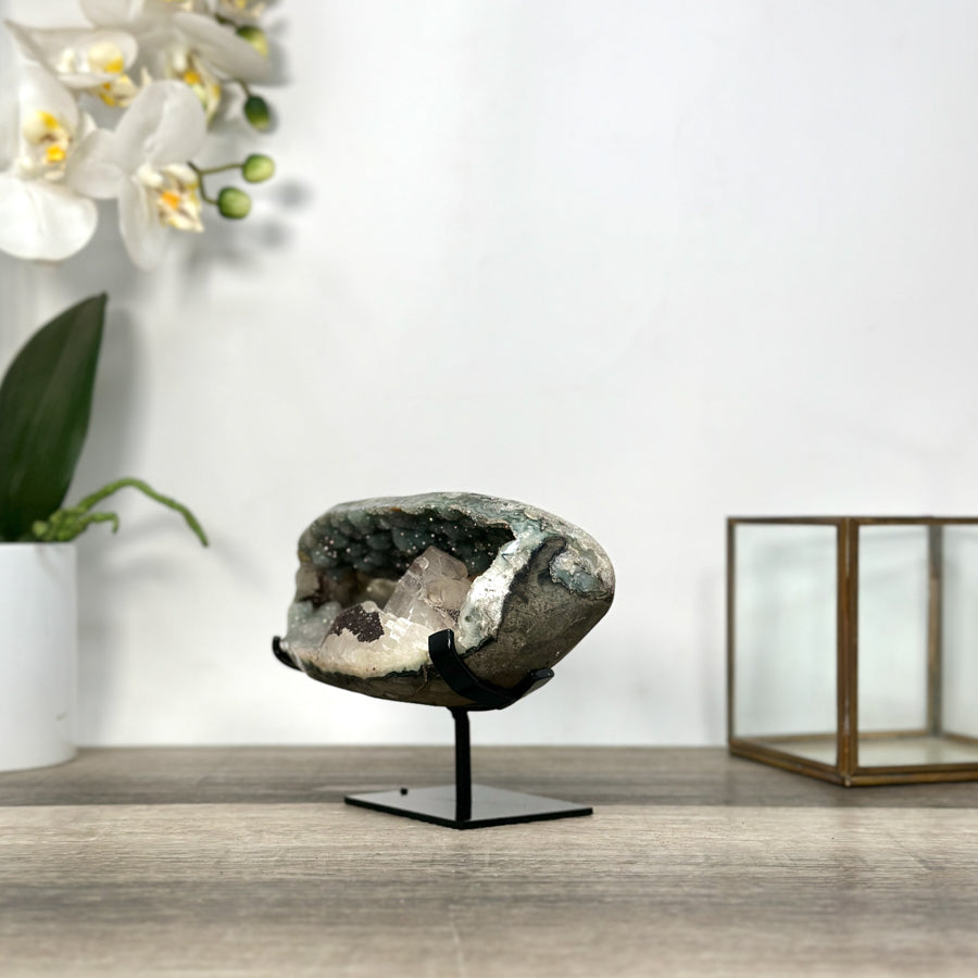 Green Quartz Geode with Calcite Crystal on Metal Stand - MWS2722