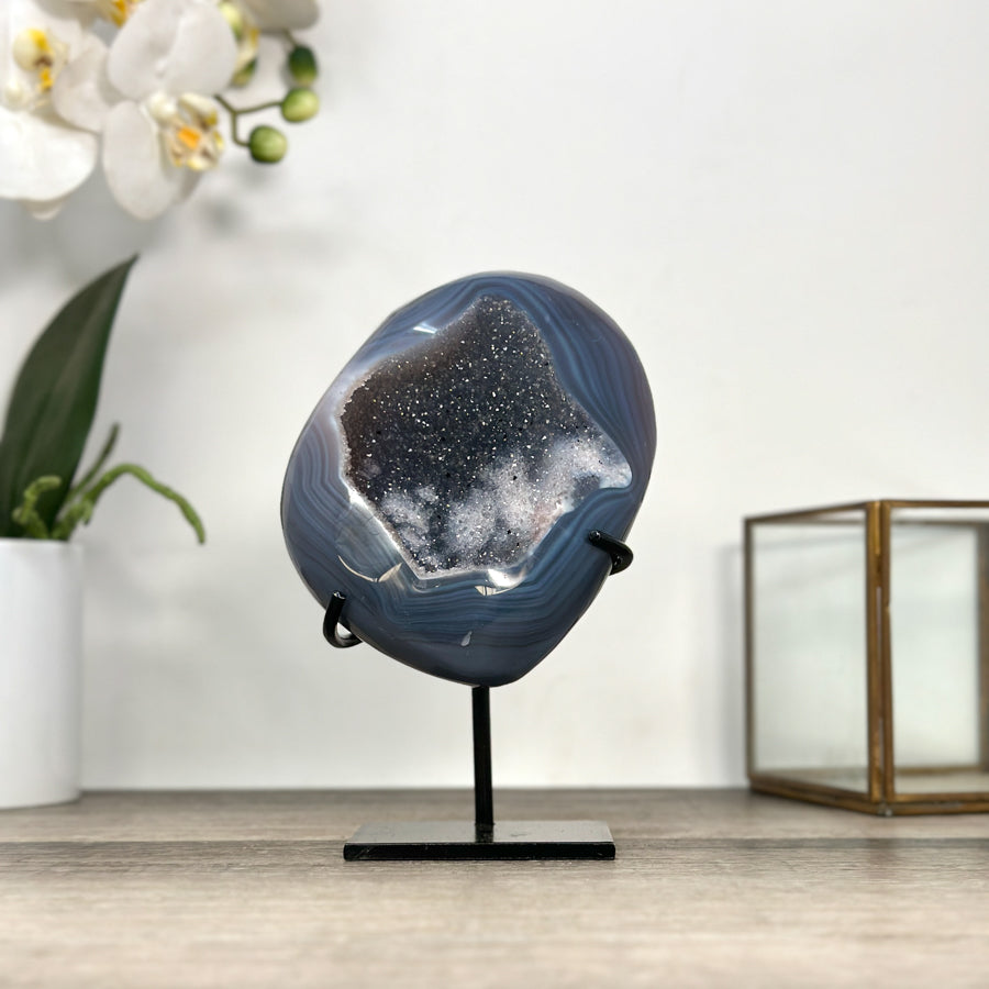 Agate Geode with Druzy Crystals on Stand – Natural Stone Display Piece - MWS2862