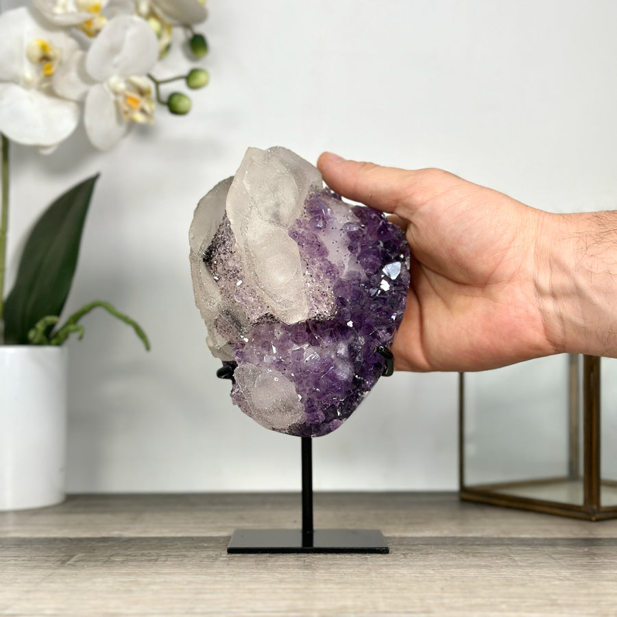 Natural Calcite &amp; Amethyst Specimen on Metallic Stand - MWS2766