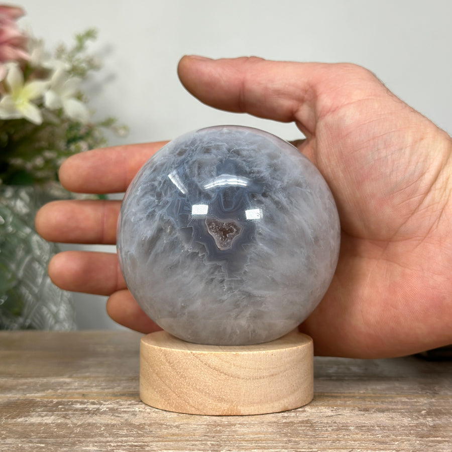 Stunning Quartz &amp; Agate Sphere with Wooden Stand with uilt-in LED Light - SPH0136
