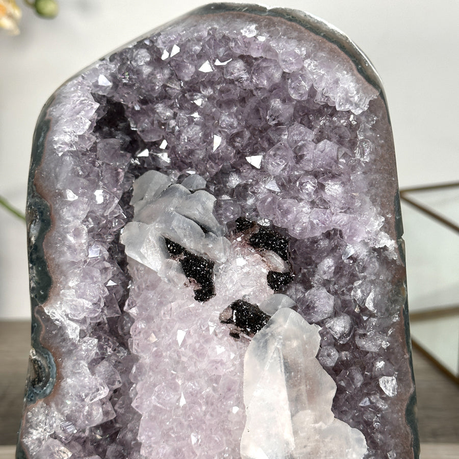 Uruguayan Amethyst Geode with Calcite on Metal Stand – Unique Crystal Display - MWS2705