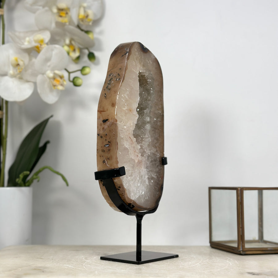 Beautiful Natural Quartz Geode Slice, Crystal Portal with Metallic Stand - MWS1953