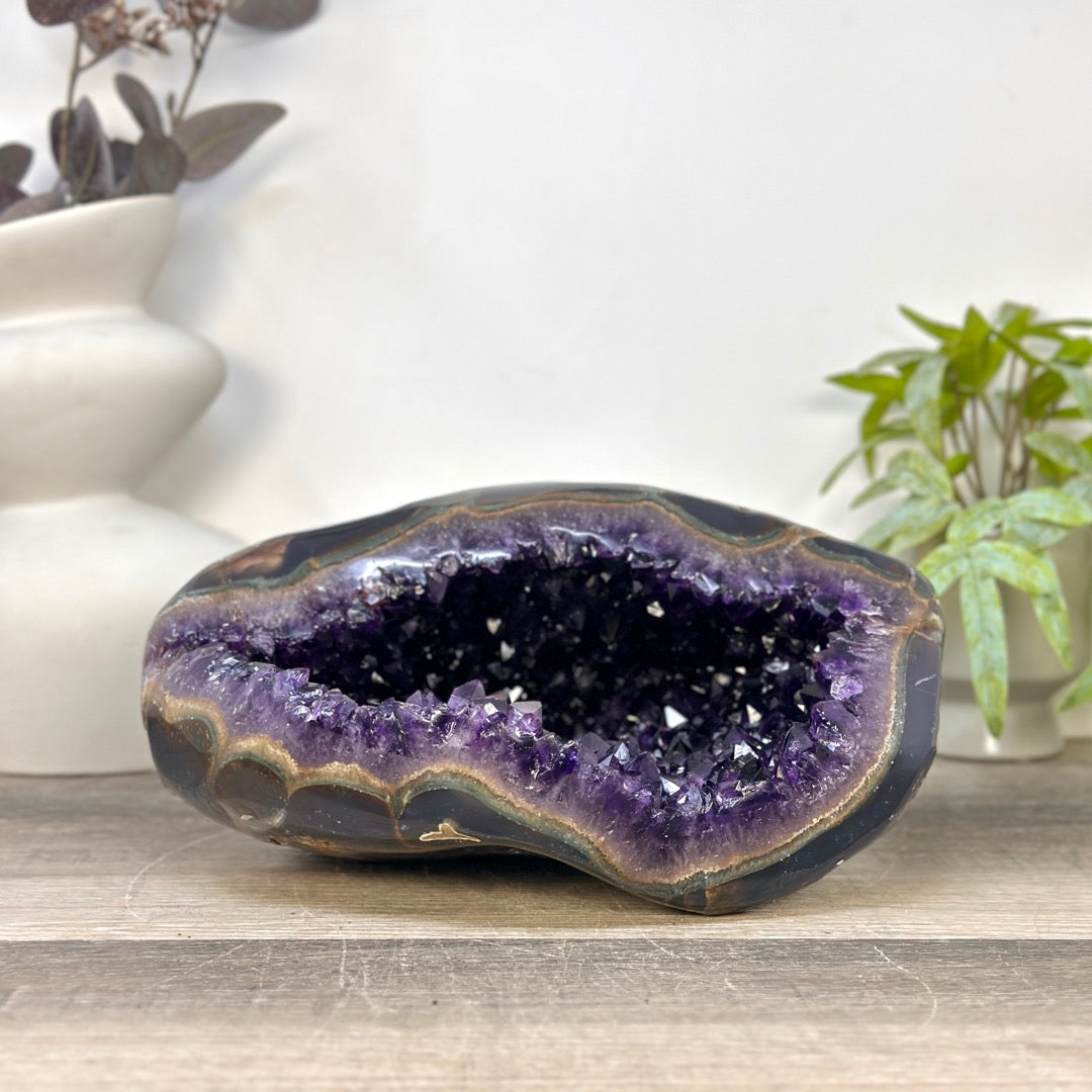 Natural Deep Purple Amethyst Geode with Agate Shell - STGE0102