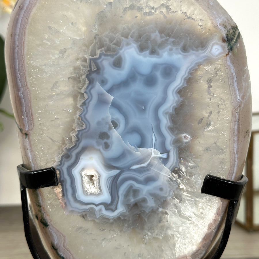 Blue Banded Agate Slice on Stand – Natural Stone Display Statement Piece - MWS2920