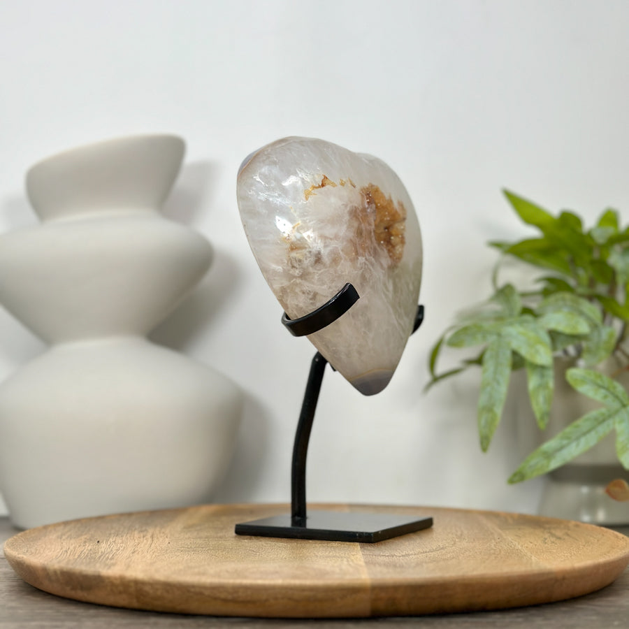 Yellow Quartz Druzy &amp; Quartz Stone Heart Carving - HST0354