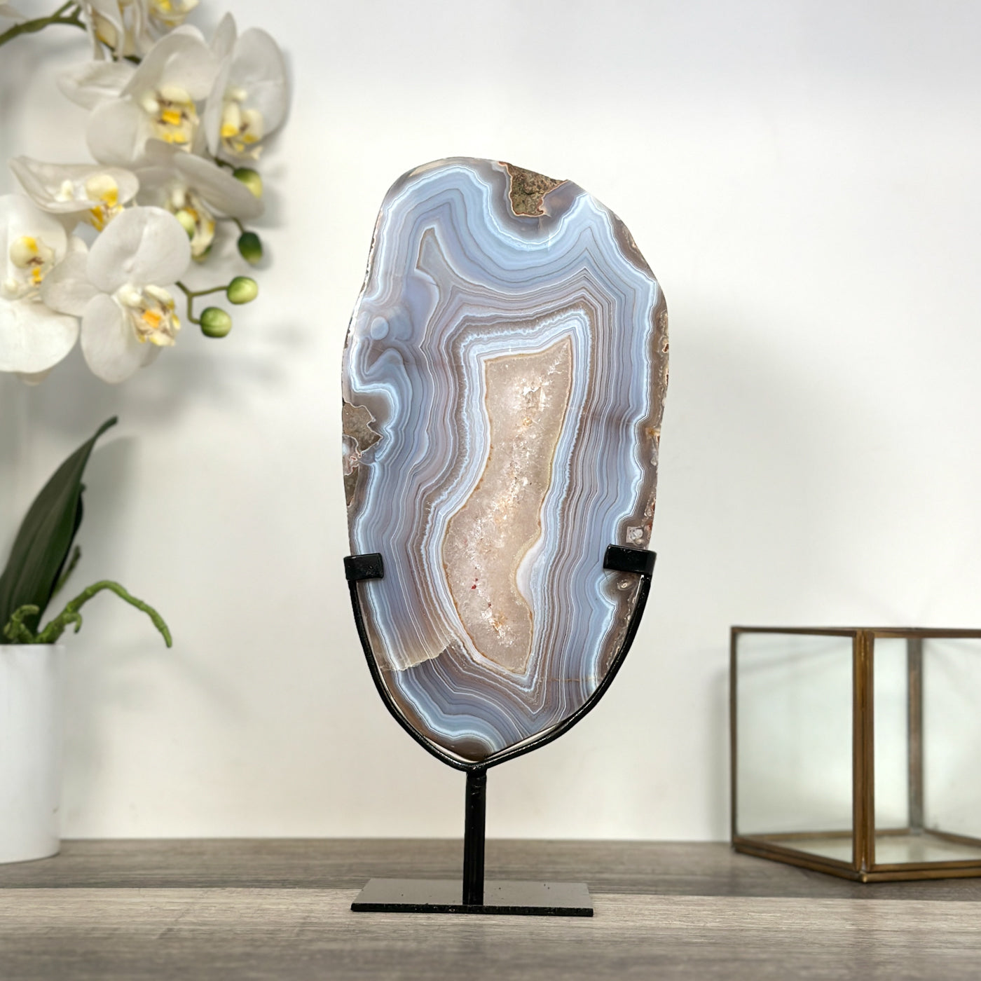 Blue Banded Agate Slice on Stand – Home Decor Display Specimen - MWS2663
