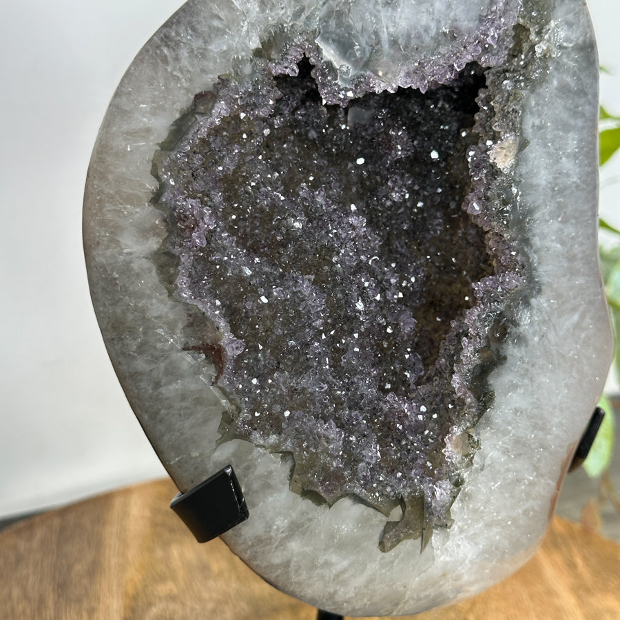 Natural Sugar Quartz Geode Mineral Specimen on Metal Stand - MWS3110