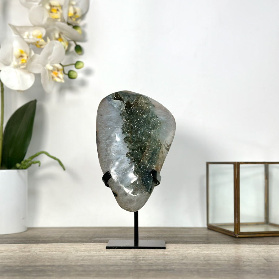 Polished Green Sugar Quartz Specimen on Black Metal Stand - MWS2726