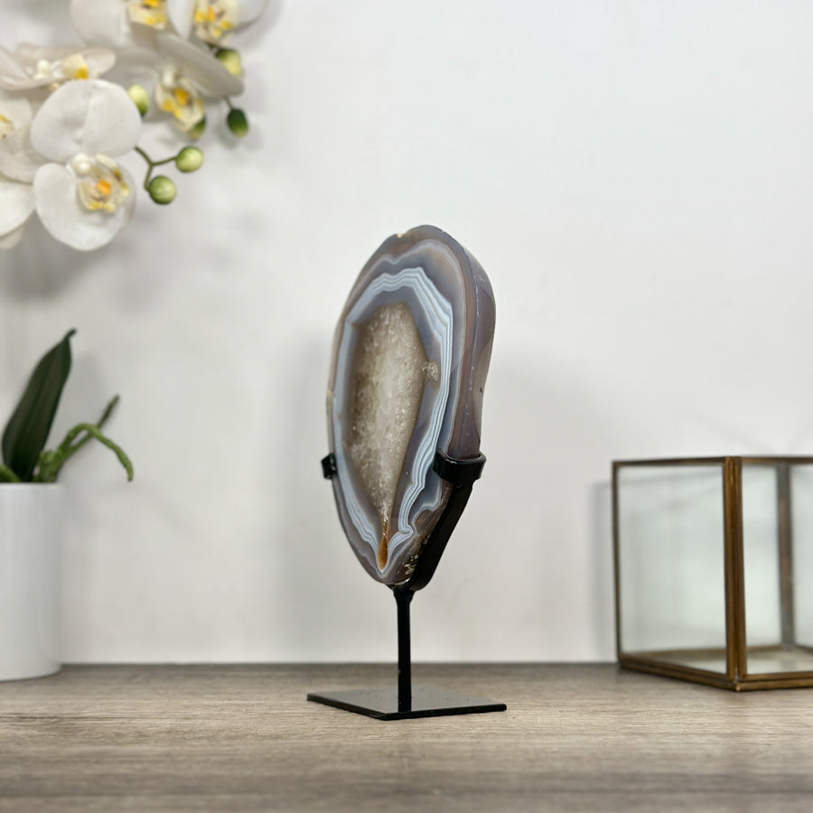 Blue Banded Agate &amp; Quartz Stone Slice on Metal Stand - MWS3012