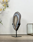 Blue Banded Agate & Quartz Stone Slice on Metal Stand - MWS3012