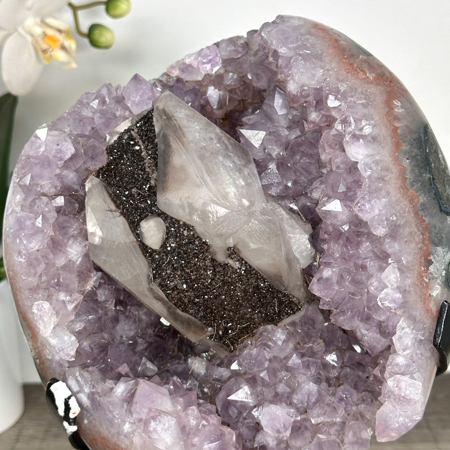 Amethyst Cluster with Unique Calcite &amp; Black Hematite Specimen - MWS2832