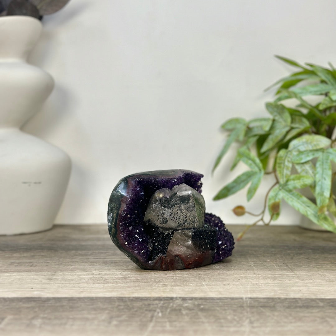 Natural Amethyst Geode with Calcite &amp; Black Hematite Inclusion - STGE0058