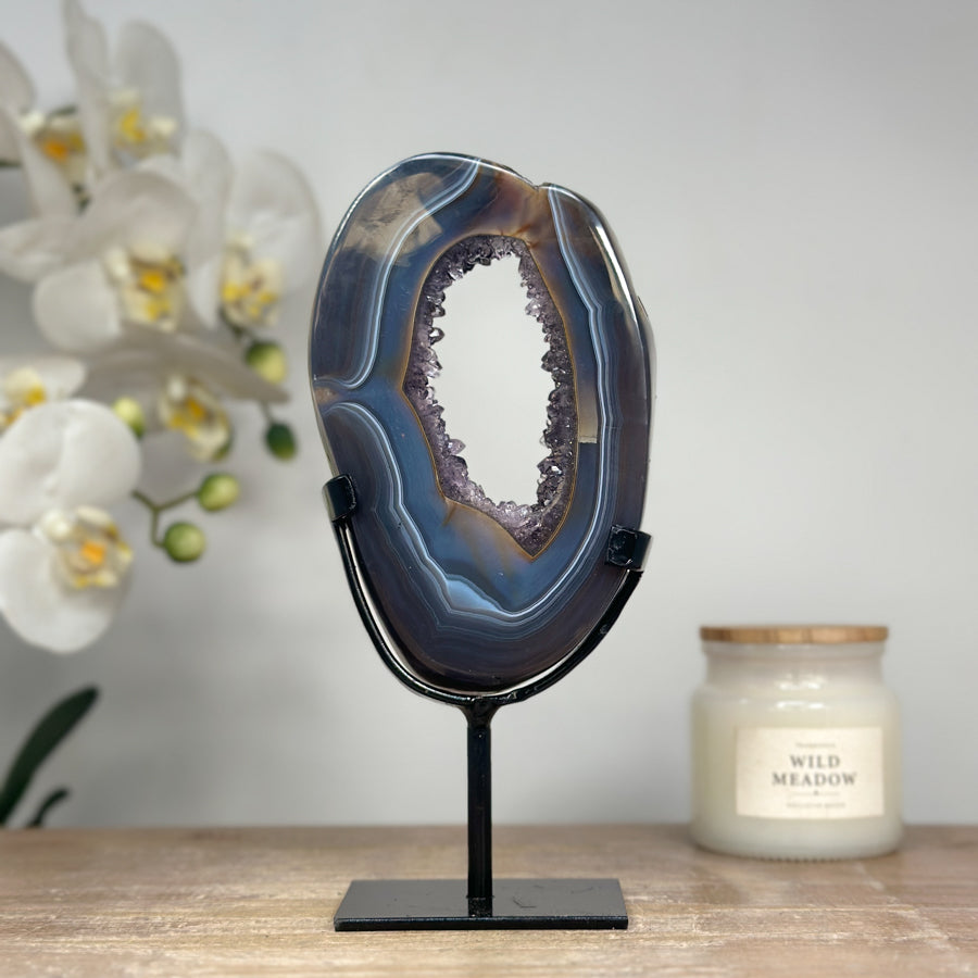 Stunning Blue Banded Agate &amp; Amethyst Polished Geode Slice - MWS1673