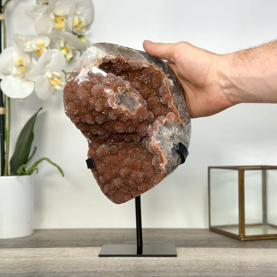 Unique Orange Sugar Druzy Crystal on Metal Stand – Stunning Natural Stone for Meditation Space Decor - MWS2707
