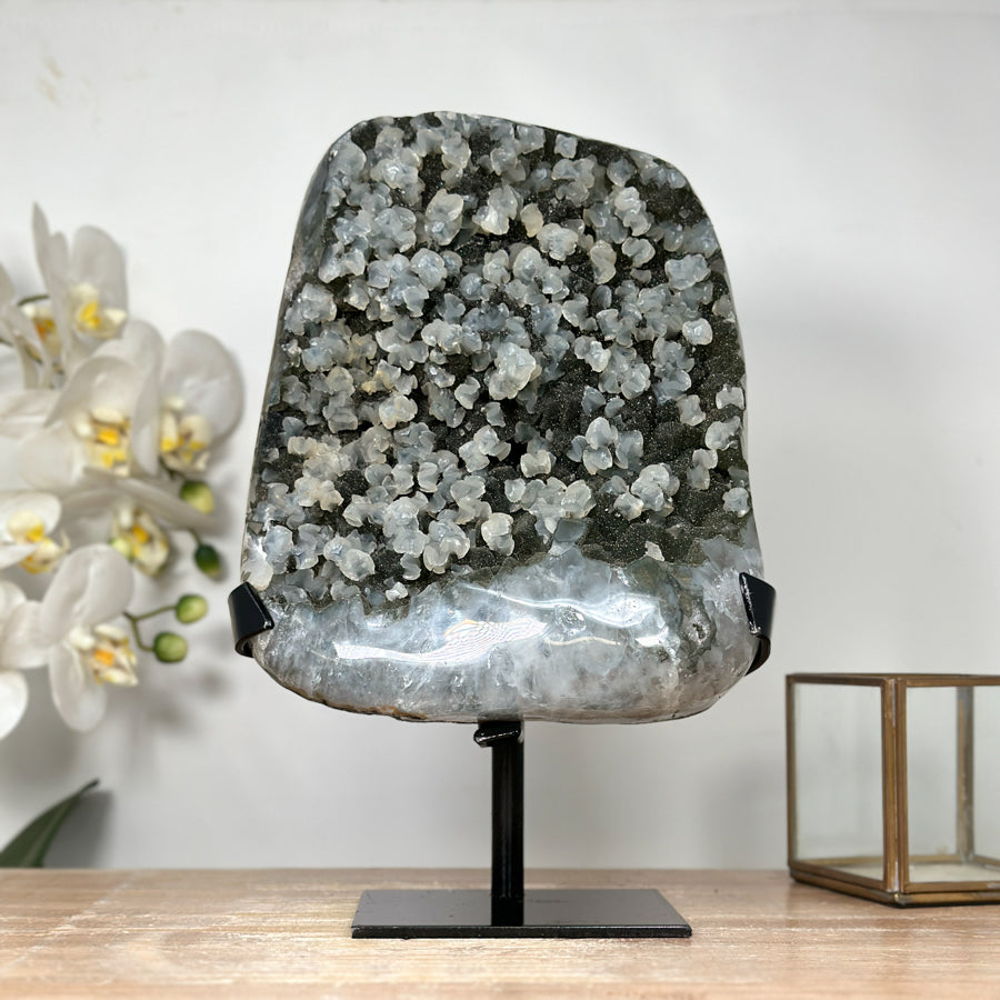 Unique Green Tone Sugar Quartz Geode with Calcite Inclusion - MWS1823