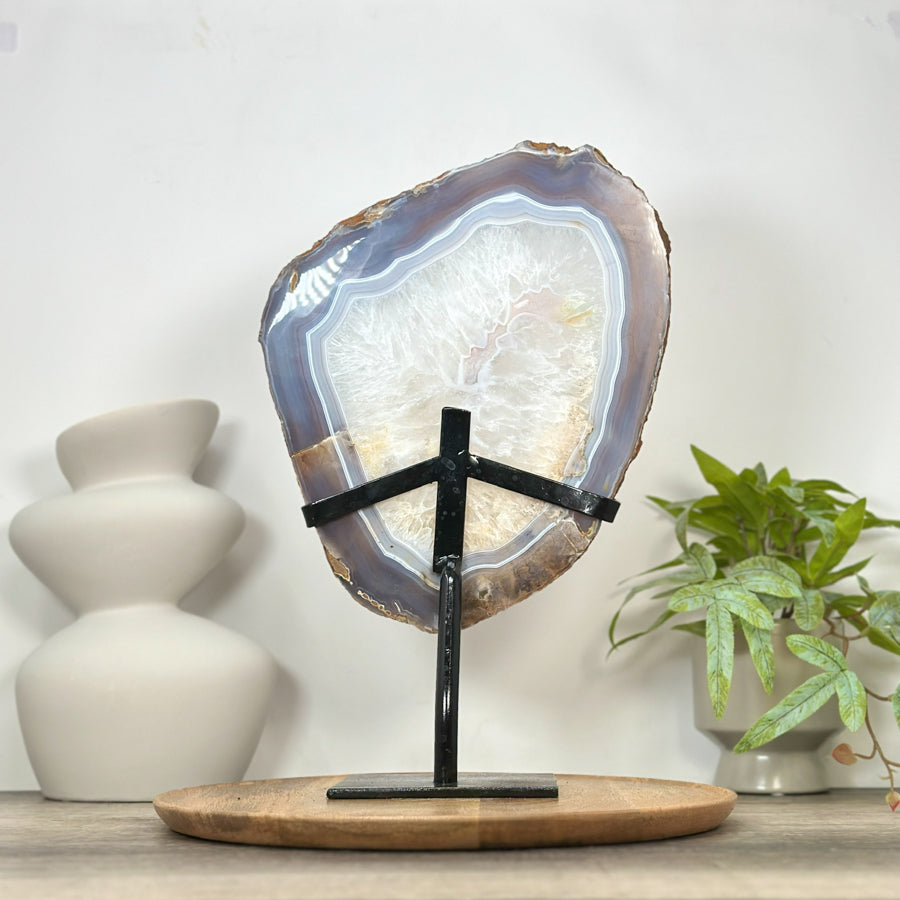 Blue Banded Agate &amp; Quartz Stone Slice on Metal Stand - MWS3036
