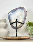 Blue Banded Agate & Quartz Stone Slice on Metal Stand - MWS3036