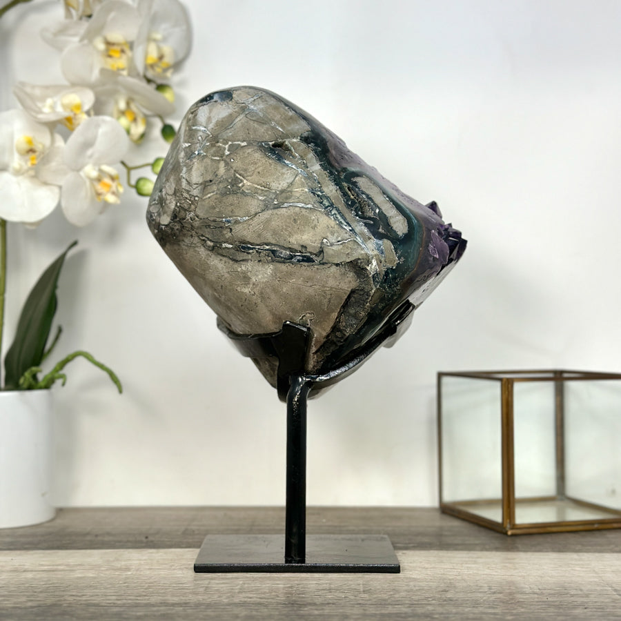 Deep Purple Amethyst Geode with Green Jasper Shell on Metal Stand - MWS2711