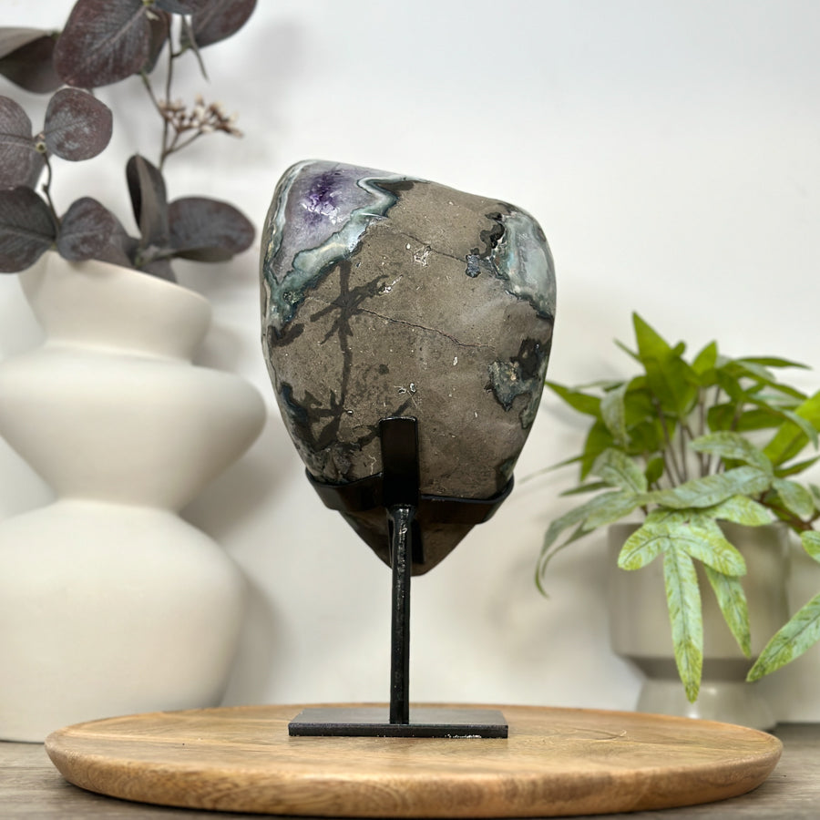 Unique Natural Amethyst &amp; Green Jasper Specimen on Metal Stand - MWS3068
