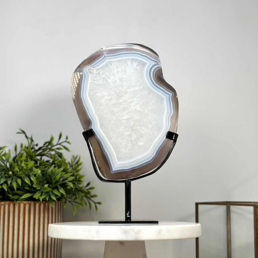 Beautiful Blue Banded Agate Slice with Metallic Stand - MWS2140